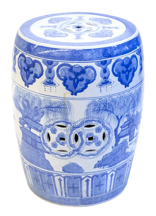 Chinese Canton Garden Seat: Blue and white porcelain garden seat. River scenes and floral motif. 13dia x 18h