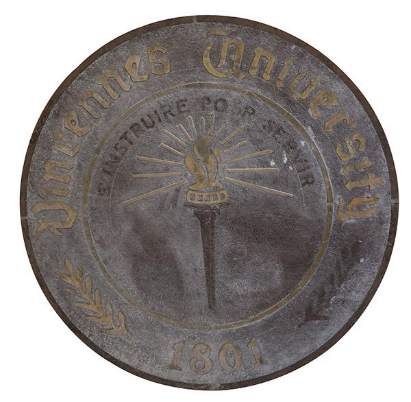 Vincennes University Plaque 1950s: Masonite and wax. 40 5/8dia x 1/4d