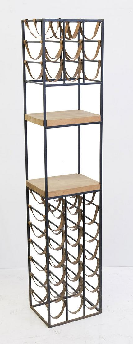 Arthur Umanoff Wine Rack: Twenty-Seven bottle rack. USA, 1960s. Iron leather, and maple 14w x 11d x 31 3/4h