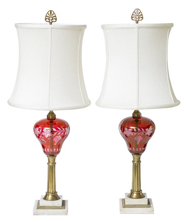 Pair of Cranberry Etched Table Lamps (1 of 5)
