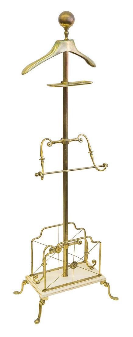 Art Works and Corp Valet: Brass and lacquered wood valet, New York manufactures mark to underside. 19 3/4w x 12 1/2d x 58 3/4h