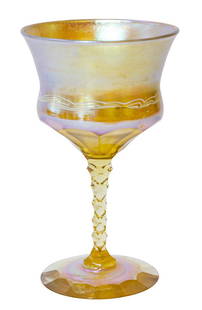 LCT Tiffany Wine Glass: Signed L.C.T. Wine Glass. Gold Iridescent with White Swirl Decor, Facet Cut Stem and Foot, Nice Quality. Measures 5"H x 2 3/4" Diameter