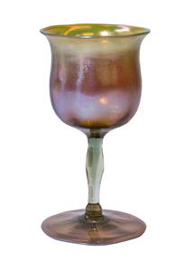 Signed LCT Tiffany Wine: Gold iridescent stemmed wine with flared rim. Signed L.C.T. 5 1/4" H x 2 3/4" Diameter