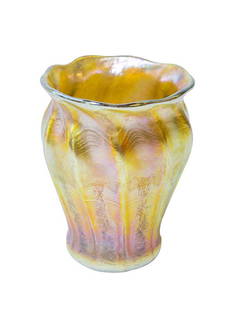 Signed LCT Tiffany Favrile Swirled Vase: Gold iridescent signed and numbered L.C.T. Tiffany Favrile 9085 vase. The vase has a ribbed swirled design with a flared top. 3 3/4" H x 2 3/4" Diameter