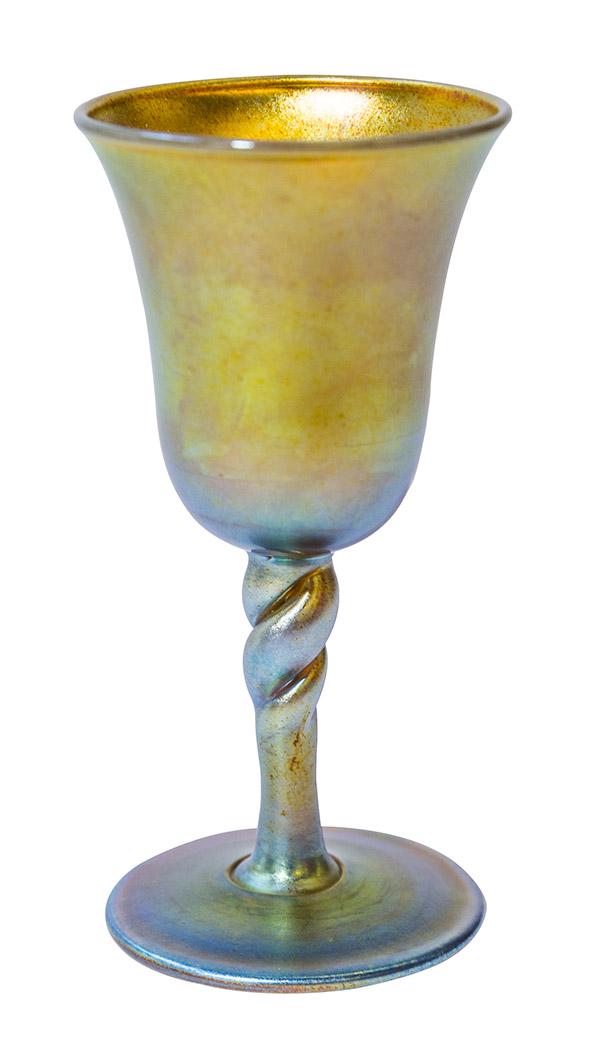 Steuben Signed Aurene Iridescent Cordial: Gold iridescent Steuben cordial with twisted stem signed Aurene 2311. 3 1/2" H x 1 3/4" Diameter