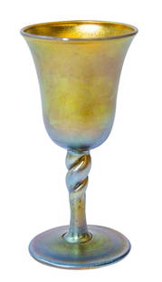 Steuben Signed Aurene Iridescent Cordial: Gold iridescent Steuben cordial with twisted stem signed Aurene 2311. 3 1/2" H x 1 3/4" Diameter