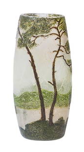 French Cameo Glass Vase, Signed Legras: Flat sided Legras signed French cameo glass vase, scenic landscape with trees, cameo design on a frosted glass body. Raised script Legras signature. 3" W x 6" H