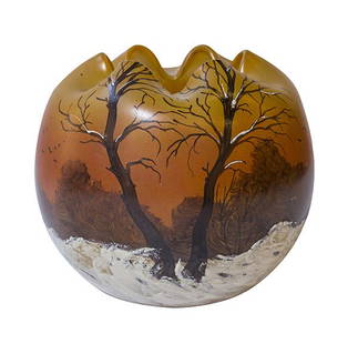 Signed Legras French Cameo Landscape Vase: Legras signed, enameled French Cameo rose bowl with a pinched rim and a continuous winter landscape. 7" H x 8" Diameter