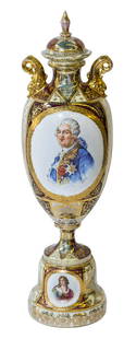 Royal Vienna Portrait Urn: Portrait of King Louie the XVI (marked) tall urn with lid. Portrait signed by Joseph Bozer. Marked to the base with the Beehive and Austria. 19" H x 5 1/2" Diameter