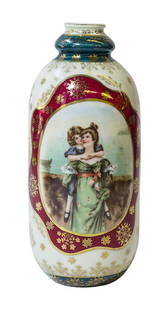 Royal Vienna Marked Austria Vase: Royal Vienna vase marked with blue Beehive, Austria. Classic cream, green, gold and red tones with medallion scene of Mother and Daughter and gold stenciled highlights. 8" H x 3 1/2" Diameter