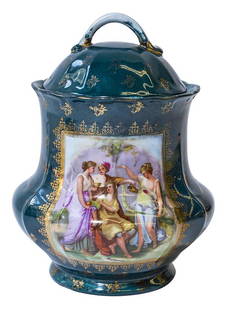 Royal Vienna Beehive Mark Cracker Jar: Royal Vienna Cracker jar with blue beehive Austria Mark. Medallion scene of Kaufmann Grecian Ladies on front with red and gold decoration. Green color with gold stenciled highlights. Lid with single
