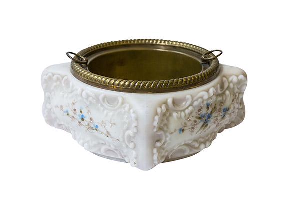 CF Monroe Wavecrest Ferner: Wavecrest Ferner decorated with hand-painted violets on mold with large blown out scrolls. Gilded rim with an original removable brass insert with two loop handles. Marked with red Banner logo. 6 1/2"