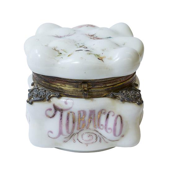 Egg Crate Mold Wavecrest Tobacco Jar: Hinged Tobacco jar made by Wavecrest with the Egg Crate Mold. Raised enameled pink and white floral design. Gilded corners on bottom section with hand enameled lettering of "Tobacco" on one panel with