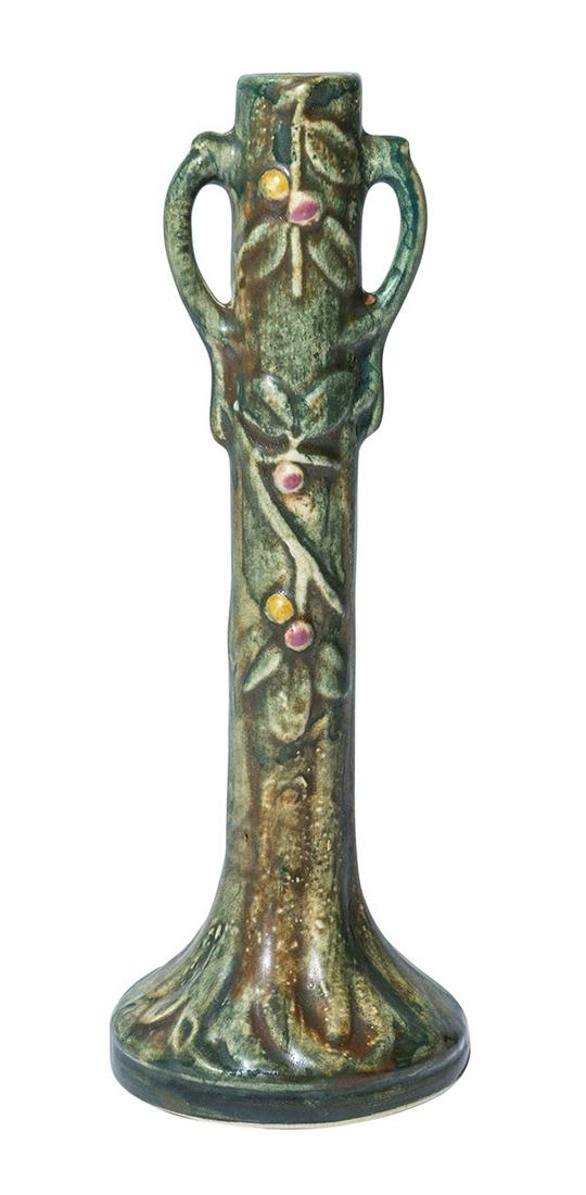 Weller Ware Woodcraft 2 Handle Trunk Vase: Weller tree truck bud vase with branches for handles in browns and greens with reddish fruit. Marked with the Weller Ware ink stamp logo. 7 1/2" H x base 2 3/4" Diameter