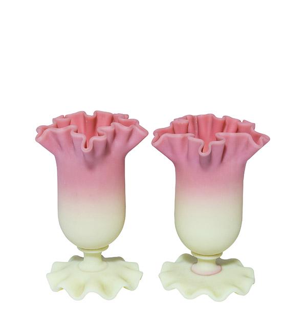 Pair Thomas Webb and Sons Acid Burmese Vases: Pair of Mt Washington, Thomas Webb and Sons acid Burmese vases with a folded, ruffled top and ruffle base. Pink to yellow in color. 4" H x 2 1/2" Diameter