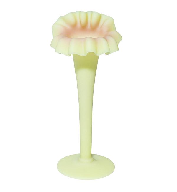Mt Washington Jack-in Pulpit, Acid Burmese: Mt. Washington Jack-in-the-Pulpit Burmese vase The vase has the acid finish, crimped top edged in yellow and pink with yellow stem and base. 3 1/4" W 7" H