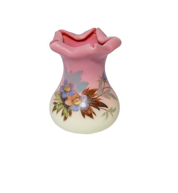 Thomas Webb & Sons Burmese Floral Vase: Thomas Webb & Sons acid Burmese miniature vase. Lavender blue flowers on a tapered body and topped by a star folded rim. 2 1/4" W x 3" H