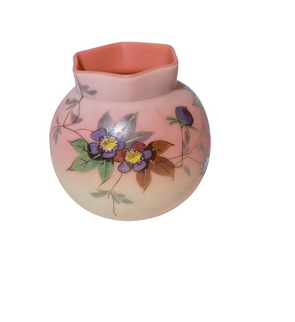 Thomas Webb & Sons Burmese Miniature Vase: Miniature Acid Burmese vase by Thomas Webb & Sons. Lavender blue flowers painted around the entire vase. Six sided star pattern on the rim. Pink in color. 3" W x 3 1/4" H