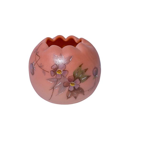 Thomas Webb & Sons Burmese Rose Bowl: Miniature Acid Burmese rose bowl by Thomas Webb & Sons. Decorated with two flowers and four buds with enameled highlights. Crimped ruffled top. 3 1/4" W x 2 1/4" H