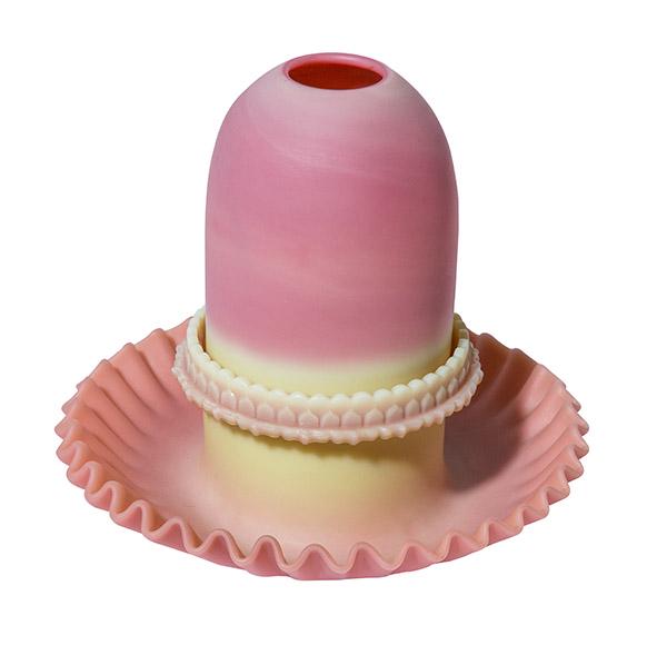 Webb Burmese 3 Piece Fairy Lamp Signed: Decorated Acid Burmese 3 piece Fairy Lamp rests on a rare fitted marked S. Clarke patent Burmese insert. Both pieces on reversible ruffled Burmese base. Base signed Thos. Webb & Sons - Queen Burmese W