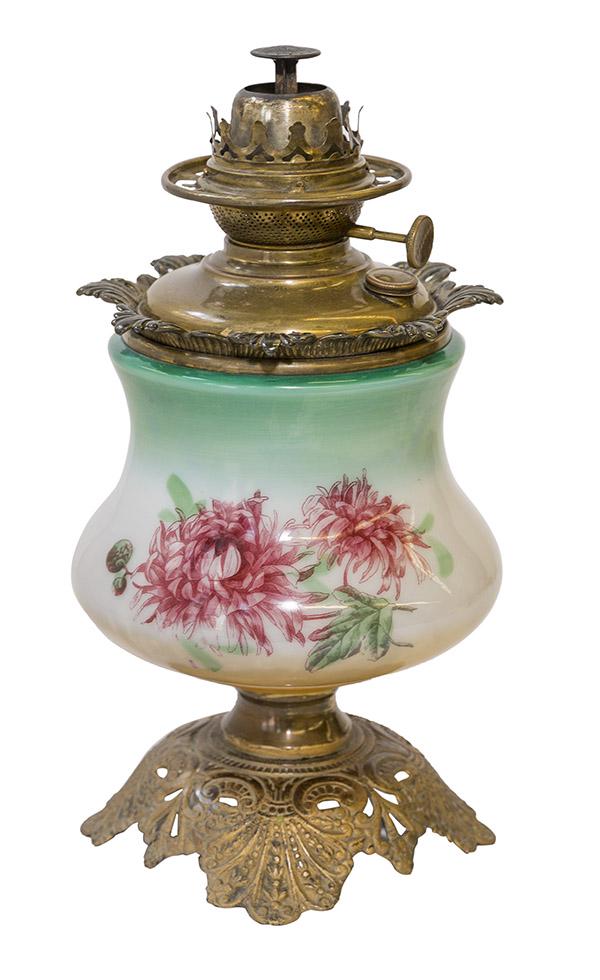 Antique Victorian Success Gone With The Wind Lamp Base: Success Oil lamp base with floral decorated base resting on pierced scalloped footed base with embossed flowers. Matching pierced scalloped rim with original brass canister and cap and lamp fittings. 