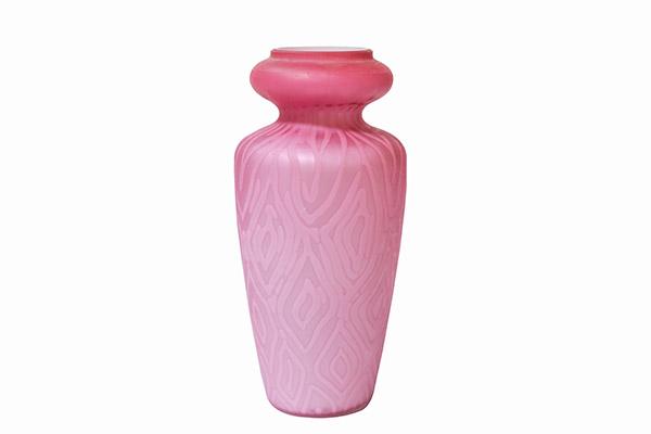 Moire Mother of Pearl Satin Glass Vase: Moire Air-Trap Mother of Pearl satin vase with shoulder form body and bowl shaped mouth. Beautiful cranberry to lighter pink bottom with white interior. 3 1/2" Dia x 8 1/4" H