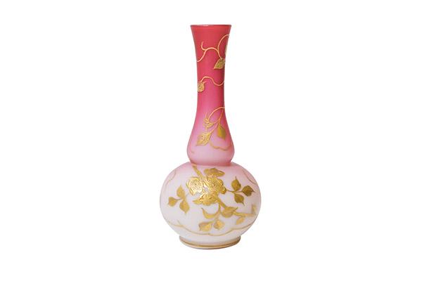 Webb Pink Satin Peachblow Vase: Satin velvet Peachblow bulbous, stick vase by Thomas Webb Company. Decorated with gold gilt vines and flowers circling the vase. Dark pink gradating to pale pink on the bottom. 4" Dia x 8 3/4" H