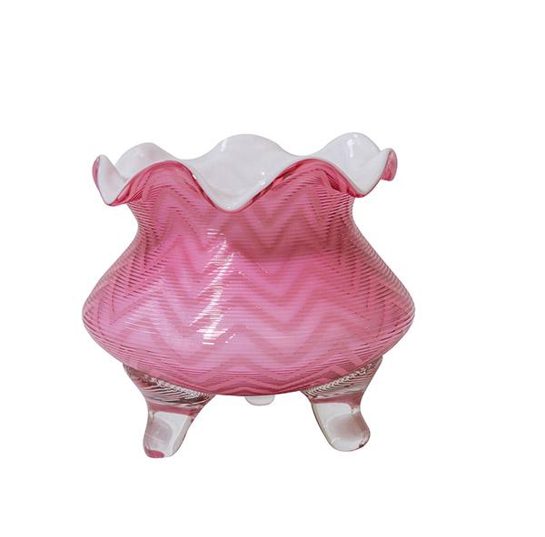 Threaded Mother of Pearl Herringbone Vase: Threaded Mother of Pearl vase, squat form satin glass with herringbone decoration. Overall spiral threading and three applied glass feet. 6" Dia x 5" H