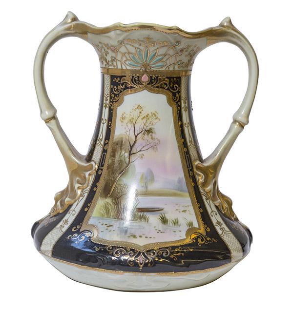 Marked Large Scenic Nippon Vase Jewels and Beading: Antique Nippon hand painted double sided scenic landscape vase with jewels and gold beading. Two gold painted handles with gadroons at vase connection. Outstanding hand painted mountainous landscape o