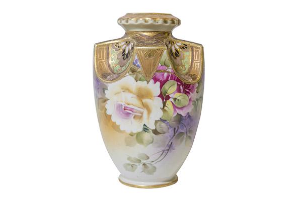 Marked Nippon Gilt and Polychrome Roses Vase: Beautifully formed tapering circular hand-painted Nippon vase with scalloped shoulder beneath a beaded and lobed rim decorated with gilded highlights around the flowers and leaves. Large crisp colored
