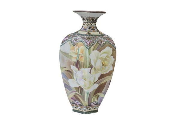Marked Nippon Moriage Decorated Floral Vase: Hand painted six panel form Nippon vase with moriage scrolls and raised enameled design. Large stunning hand painted flowers with green stemmed leaves. Fluted rim with repeating moriage scrolling. Col