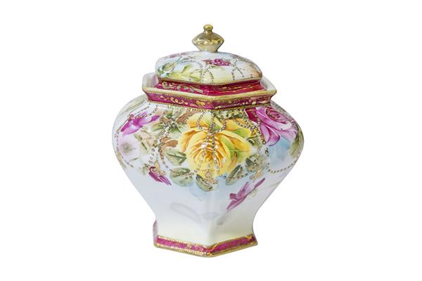 Marked Hand Painted Nippon Biscuit Cracker Covered Jar: Nippon 6 sided Cracker Jar decorated with beautiful roses surrounding the jar and on the lid. Gold enameled beading draping around the rose design and around the base rim and lid. Colours are crisp, s