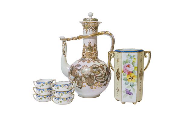 Nippon Turkish Teapot, Rose HP Vase Salts: Grouping of Nippon items (1) heavy gilded Turkish Teapot with twisted gold rope handle that attaches to the spout. Unmarked 7 1/2" Dia x 10 1/4" H. (1) Six sided, six footed vase with 2 handles. Roses