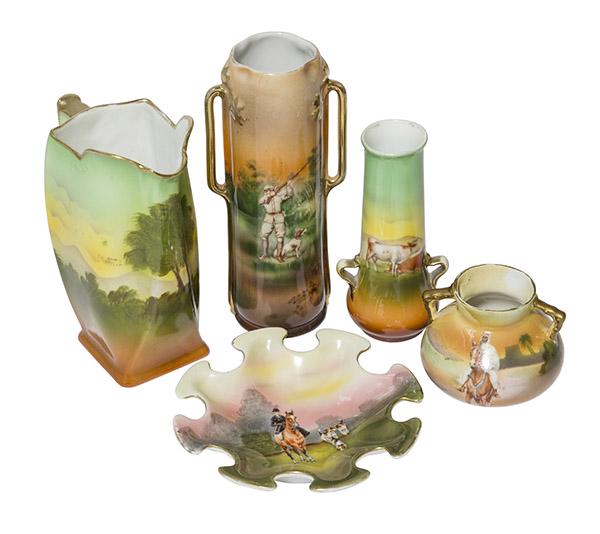 Group of 5 Royal Bayreuth Items: Five Bayreuth items including (1) 2 3/4" W x 2 1/4" H Vase with 2 gold handles decorated with Arabian on a Horse. Yellow, green and orange background. (Paint chip in the rim) (1) 2 1/4" W x n4 1/2" H 