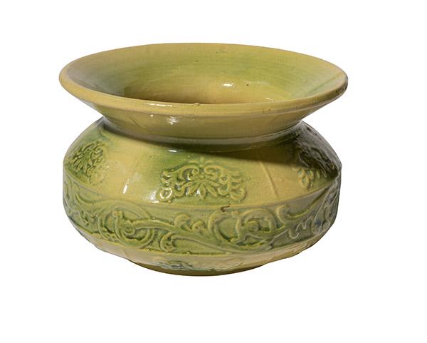 Stoneware Spittoon Green and Cream: A nice Stoneware Spittoon in green and cream with embossed scroll wok around the sides 7" W x 4 1/2" H