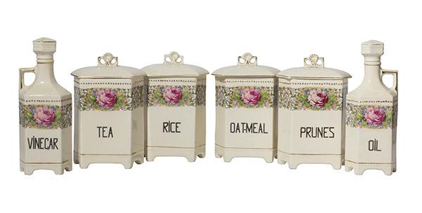 Czechoslovakia Kitchen Canister Set: Antique canister set - Large Rose and floral decorated. Gilded beaded design around the top and bottom and gild trim on the lid. Impressed "LUISE", and stamped Czechoslovakia to the underside. Set inc