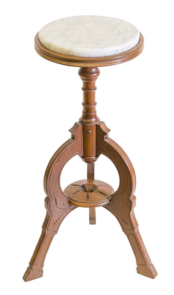 Marble Top Victorian Candle Stand: Victorian Marble Top Candle Stand. Tri legged, walnut candle stand, circa 1880 with round white marble top insert in molded border resting on turned support. Three curved supports with center shelf in