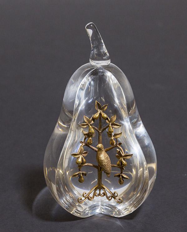 Steuben 24k Gold Partridge in a Pear Tree: Designed by Lloyd Adkins, 1968. Signed with manufactures mark to underside. 6 1/8h