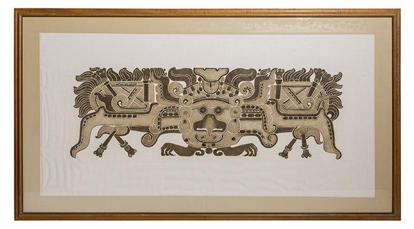 20th Century Batik on Silk: Large and outstanding Batik of 2000 BC. Symbols of Mayan Civilization. Well done and executed. 28 x 53 1/2 sight.