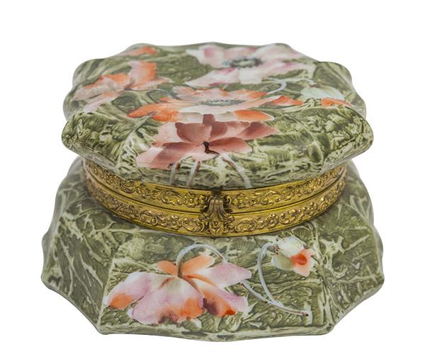 Marked Kelva Twelve Sided Hinged Box: Hinged box green mottled background with pink floral decoration and embossed brass rims. 6w x 6d x 3 1/4h