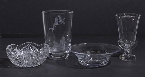 Steuben Vase, Orrefors Bowl & Reclining Nude Vase: Steuben snail footed urn vase 9 3/4h, Ovvefors Bowl, 9 7/8dia x 3 1/4h, and ovvefors reclining nude vase 9 3/8h. Incised signature to each