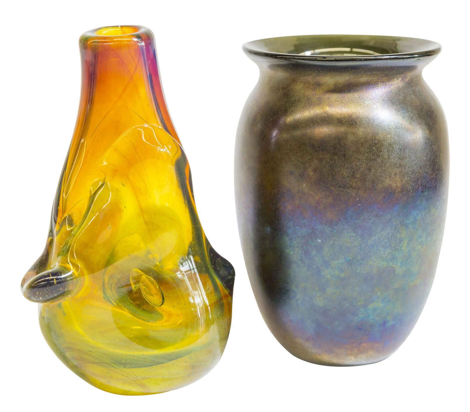 James "Jim" Kingwell and Charles Lutner Art Glass Vases: Each signed. Etched number 75070902, 6D-33 Height- 7 1/2, 7