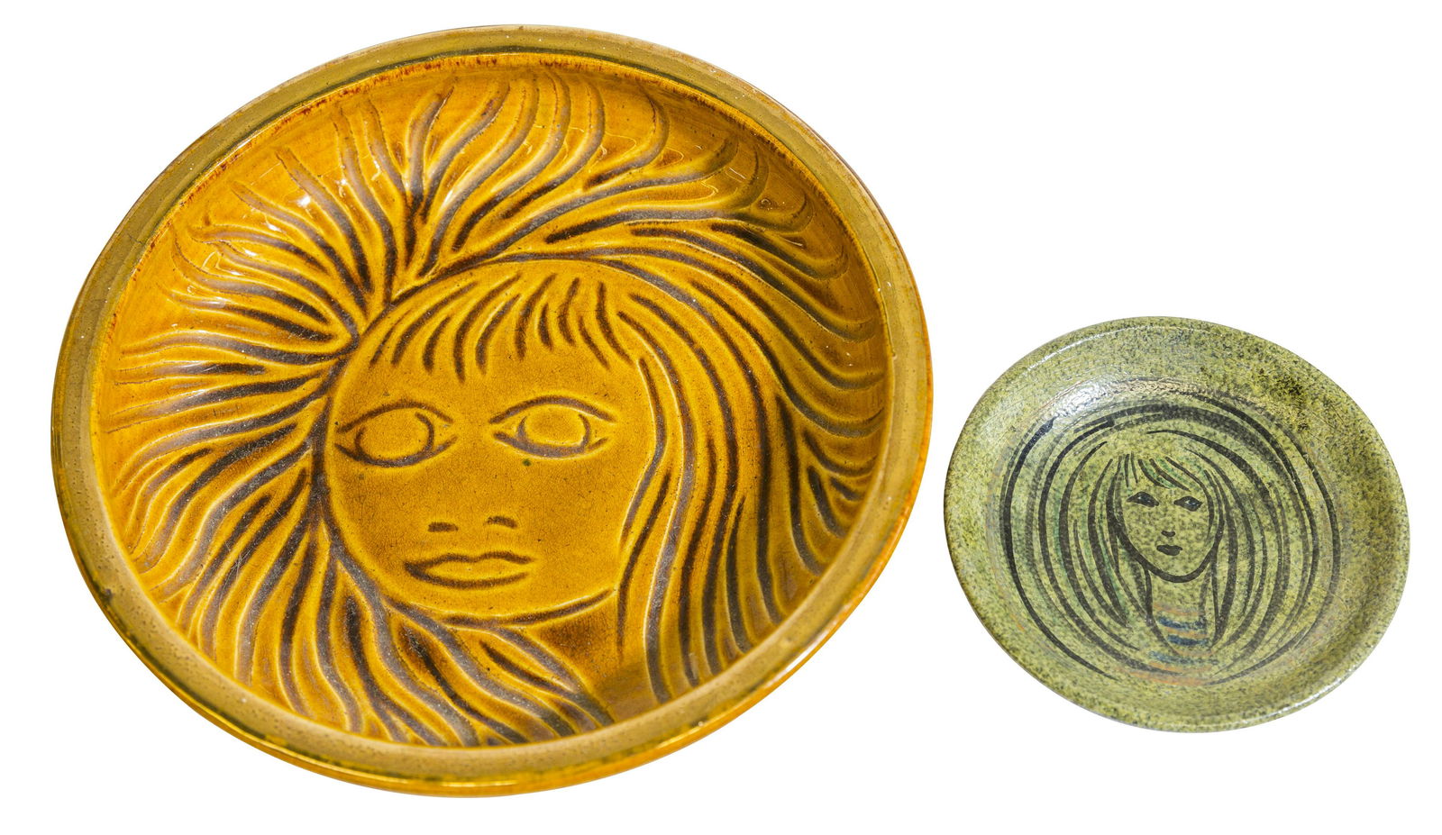 Accolay Bowl & Dish: France, 1950. Glazed ceramic. Incised marking to underside. 8 7/8dia x 2 1/8h, dish 4 3/4dia x 3/4h