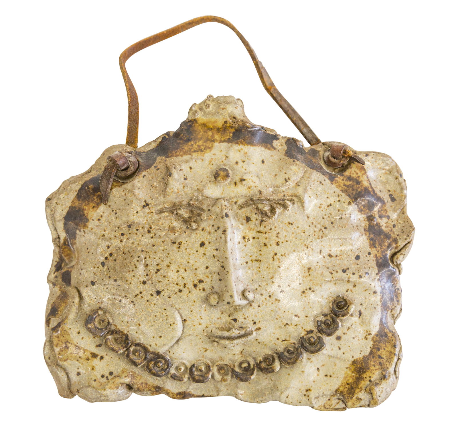 Maurice Grossman Studio Stoneware Face Wall Vase/: Face wall vase/ pocket jug, MKG, 1960. Glazed stoneware, leather. 8w x 2d x 7h