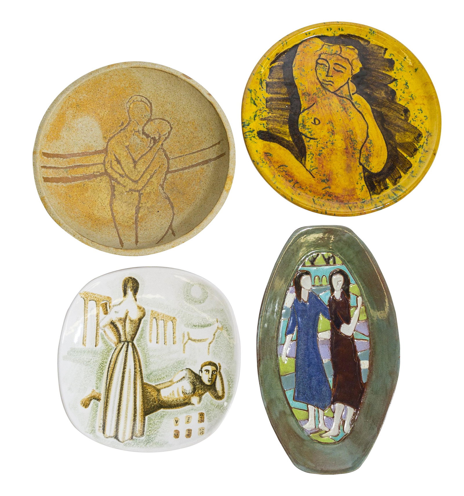 Harris Strong and Assembled Mid Century Pottery: Harris Strong tra, b79a, 6 5/8w x 11 1/4d x 1 3/8h, 1960's stoneware bowl, Italian glazed ceramic figural plate, 1960's 8 3/8 x 8 3/8, and glaze pottery plate with nude, 10dia