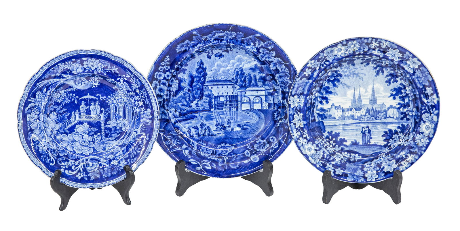 Three Blue and White Historic Plates: Moulin Sur Lamarne Acharenton, Diorama View of Lichfield cathedral, Largest 9 dia, middle 8 1/2 dia, smallest 7 3/4 dia