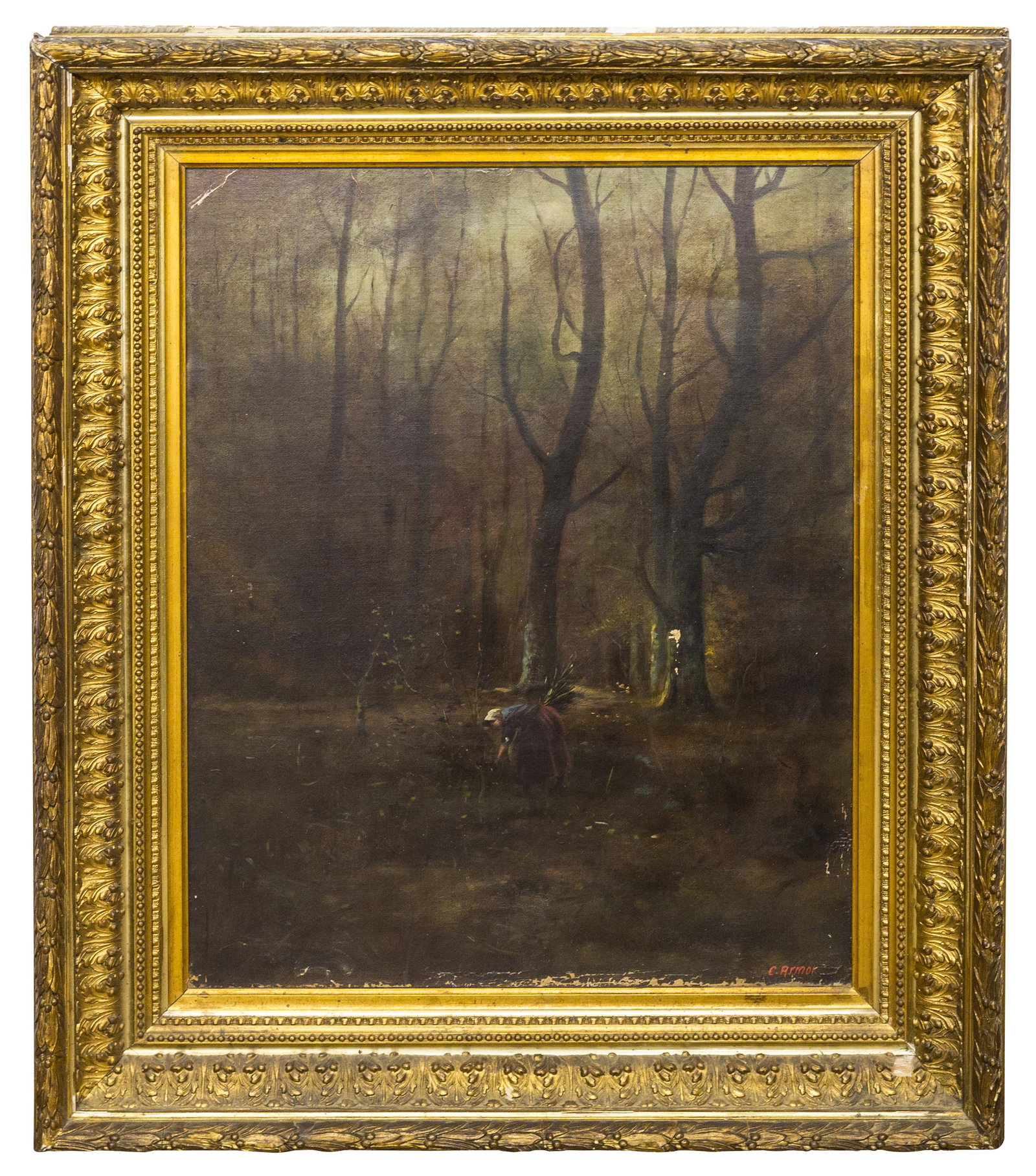 Charles Armor (1844-1911) Oil (OH, D.C.): Oil on canvas, untitled, lady gathering kindling off path. Signed lower right. Sight 30 x 21 3/4, Frame 40 x 31 1/4