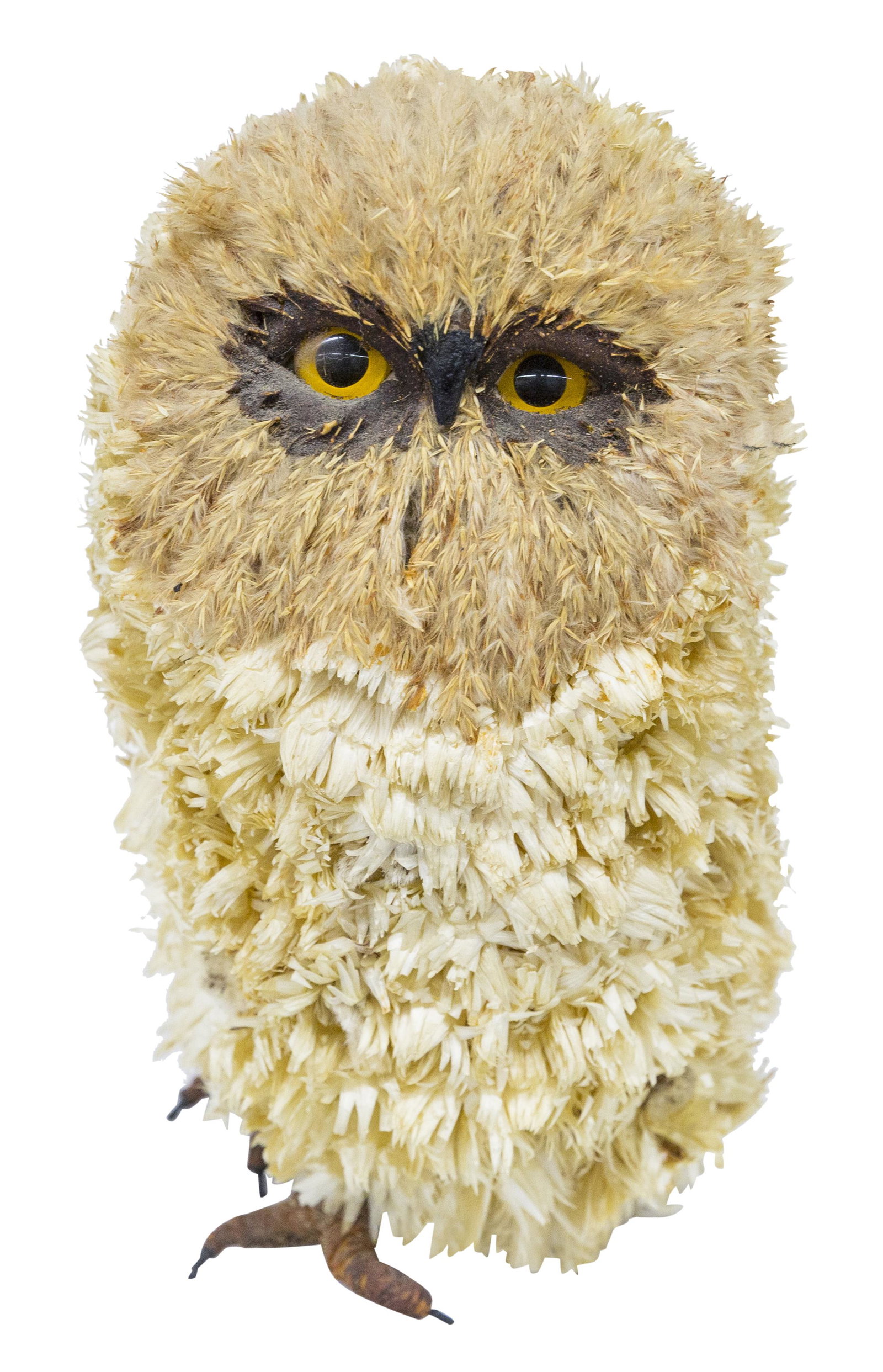 Scandinavian Owl: Hand crafted owl, purchased at Illums Bolighus, 1960. Carnetions, roots, metal, and glass. 4 1/2w x 4 1/2d x 8 3/4h.