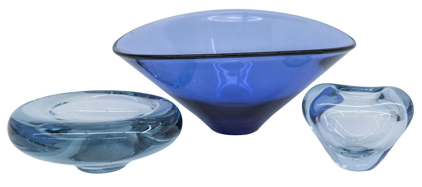 Per Lutken Three Vessels: Paperweight bowl, paperweight vase, biomorphic bowl, Holmegaard, Denmark, 1960. Incised signature to underside. 8w x 8 3/4d x 3 3/4h