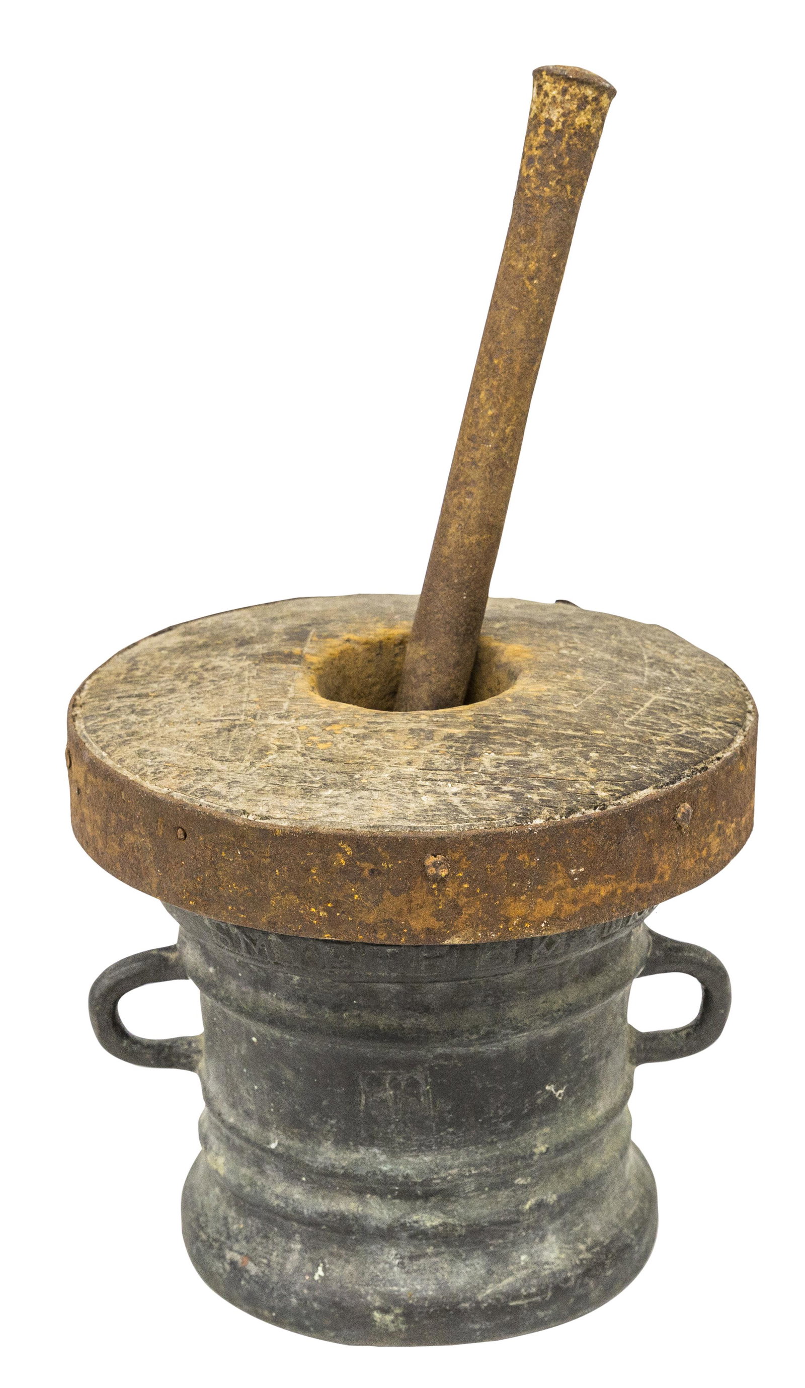 Oustanding 17th Century Bronze Motar & Pestal: Circa 1601, bronze mortar with double loop handles. Forged Gilberto, 1601. Original wood and studded iron lid and hand hammered pestle. 11dia x 10h Pestle is 18 5/8 long. Finest one we have ever had